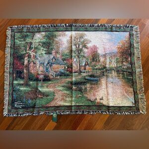 NWT Thomas Kinkade Tapestry Throw Blanket Rustic Cottage On Pond.